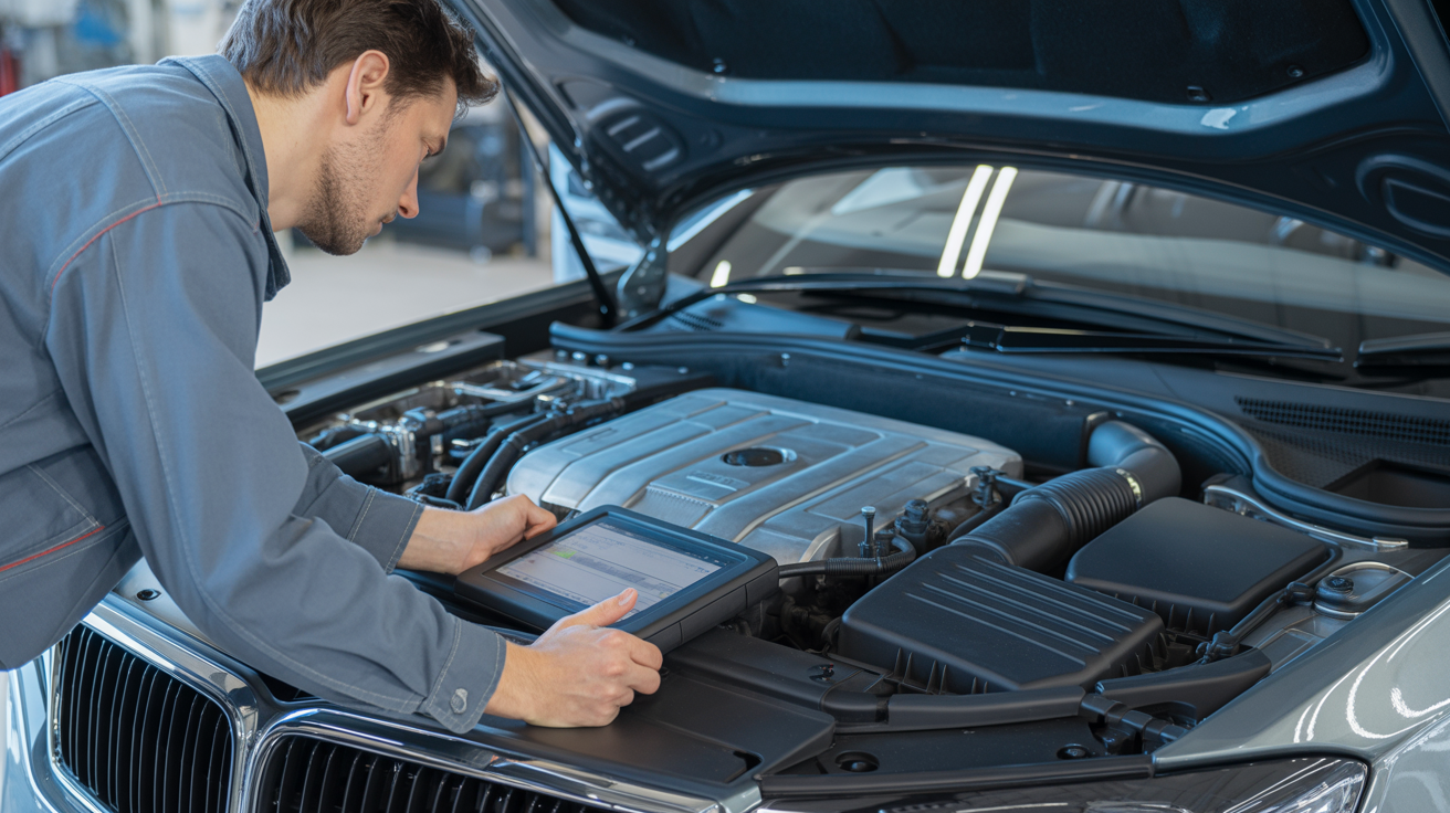 Technician performing detailed engine inspection on European vehicle